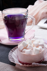 life style set at meeting in cafe.Thai blue, Butterfly pea tea served with panna cotta cake. close...