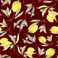 Naklejka na ściany i meble Watercolor seamless pattern with a branch of a lemon. Hand drawn illustration can be used for web page backgrounds, Wallpapers, wrapping paper, greetings, invitations and other designs.
