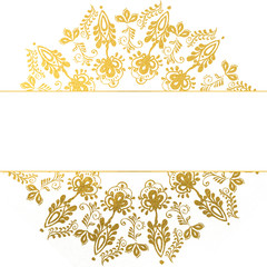 Gold lace circle  with space for text on the white background in folk gzhel style. Hand drawn template for greeting, christmas, wedding card or invitations  Elegant decorative frame.