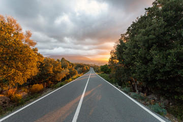 Beautiful sunset over a mountain road in Mallorca