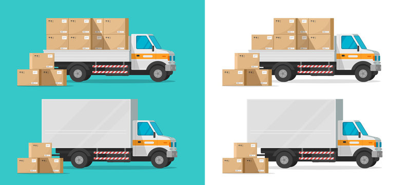 Cargo truck loading parcel package boxes or delivery van vehicle vector illustration, flat cartoon industrial automobile or car with freight, postal logistics or warehouse courier isolated clipart