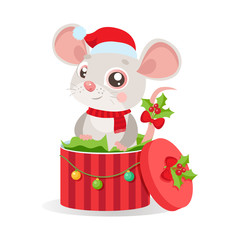 Funny Mouse In Santa Hat Sitting In Red Gift Present Box With Decorations And New Year Balls. Vector Illustration White Background. Cartoon Christmas Animal Card. Character Of Cute Mouse.