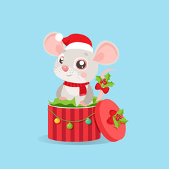 Funny Mouse In Santa Hat Sitting In Red Gift Present Box With Decorations And New Year Balls. Vector Illustration Cartoon Christmas Animal Card. The Character Of Cute Mouse.
