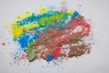 Colorful background of chalk powder. Multicolored dust particles splattered on white background.