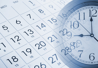 Collage with round clock and calendar page, time, planning and appointment concept