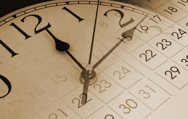 Collage with round clock and calendar page, time, planning and appointment concept