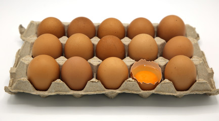 Brown chicken egg in paper box isolated on white background