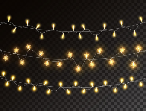 Christmas lights isolated on dark transparent background. Glowing golden garland lights. Led neon lamp. Bright decoration for xmas cards, banners, posters, web design. Vector illustration
