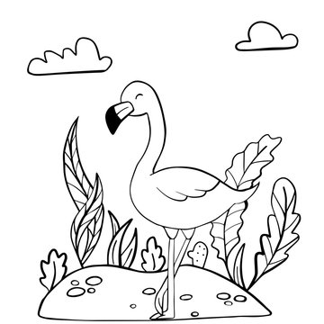 vector illustration of flamingo, on a white background, black and white drawing, meditation