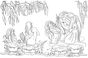 Fototapeta na wymiar Evening pond, mermaids with long beautiful hair, willow branches, river plants and flowers, frogs, mermaids dance, linear drawing, coloring book, raster copy