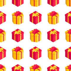 Isometric gift seamless pattern. Surprise present box with bow on white. New year, anniwersary, birthday, holidays 3d texture for print, paper, fabric, decor, wrap, background. Vector illustration