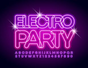 Vector glowing poster Electro Party. Neon violet Font. Bright Alphabet Letters and Numbers 