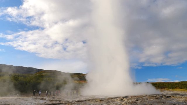 Strokkur big geyser steam jet in Haukadalur geothermal area. One of the most visited and iconic sightseeing spot in Iceland
