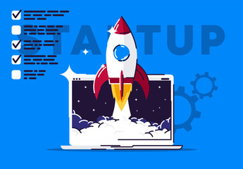 Vector illustration of a rocket flying out of a laptop, startup concept