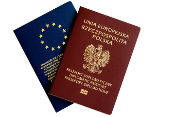 Isolated image of a diplomatic passport of Poland and a passport of the European Union