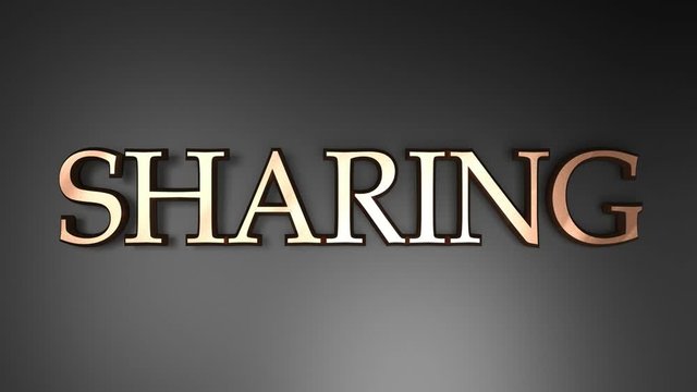 The write SHARING in satin copper letters on black glossy surface, with two horizontal lines going from one side to the other and back - 3D rendering video clip