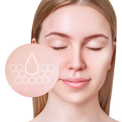 Infographic shows moisturizing effect on beautiful female face.