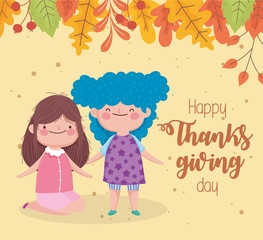 happy thanksgiving day cute little girls fall leaves celebration