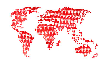 Fototapeta na wymiar Sketchy world map of red confetti in the shape of hearts. The concept of global holidays, valentines day, weddings, parties. White background, minimalism. An approximate scheme.