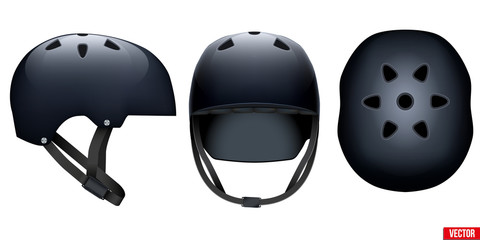 Set of protect helmet of extreme. View of side and front and top. Extreme sport and leisure equipment. Black color. Vector Illustration isolated on white background.