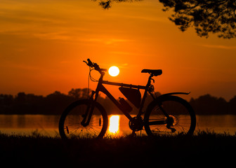 Fototapeta na wymiar Bicycle standing under a tree near the lake. Silhouette of a mountain bike on a background of summer sunset. A walk on the bike.