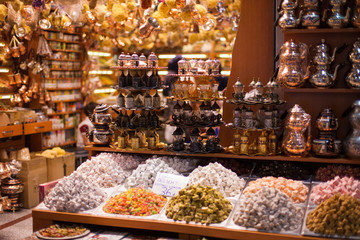 Turkish market with oriental sweets - nuts, dried fruits, pastilles, marmalade, delight, bright...