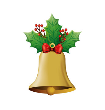 bell christmas decoration with bow ribbon and leafs vector illustration design