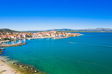 Croatia, Island of Murter, beautiful coastal touristic town of Betina on Adriatic sea, drone aerial view