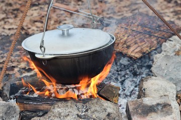 food in the cauldron on the fire in the forest