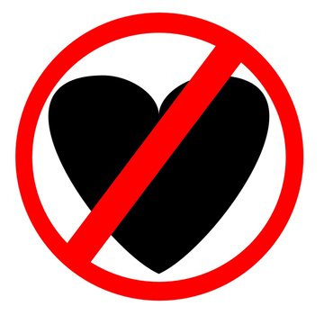 no falling love sign with Red circle middle black heart and red cross.