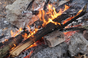 bonfire on the rocks in the forest in autumn