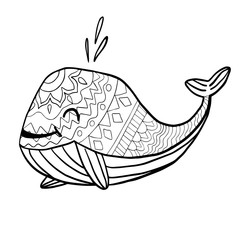 vector illustration of a whale, on a white background, black and white drawing, meditation, adult coloring