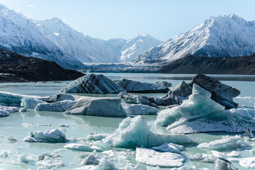 Abgebrochene Eisberge schwimmen auf dem See des Tasman Gletschers im Mount Cook National Park in Neuseeland