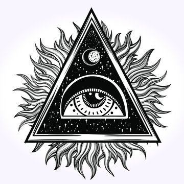 All-seeing eye is on the traingle with a starninght sky beling of which the rays of the sun. Religion philosophy, spirituality, occultism, chemistry, science, magic. Isolated vector illustration.