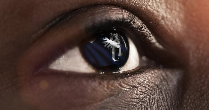 Woman black eye in close up  with the flag of South Carolina state in iris, united states of america with wind motion. video concept