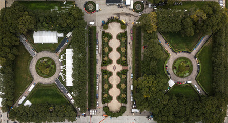 Aerial straight down drone image of gardens in Grant park in Chicago, Illinois