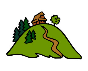 wooden cottage on hill in forest with path on meadow color clipart