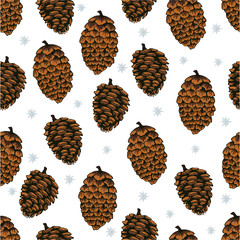 Christmas seamless background with pine cones and snowflake