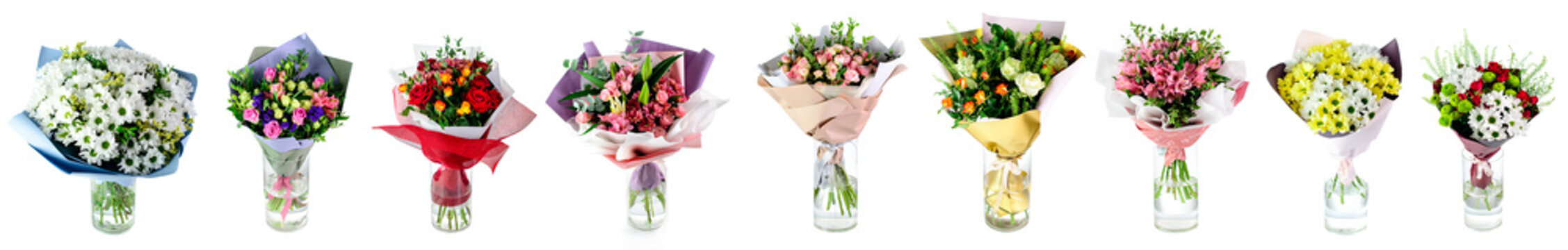 Set Of Multi-colored Bouquets Of Flowers In A Glass Vase Isolated On White