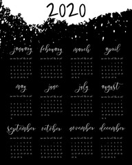 Hand written ink calendar template, 2020 year. Watercolor painted header with brush strokes, stains, splash, doodles background. Week starts Sunday. Blank sheets paper, binder concept. Black and white