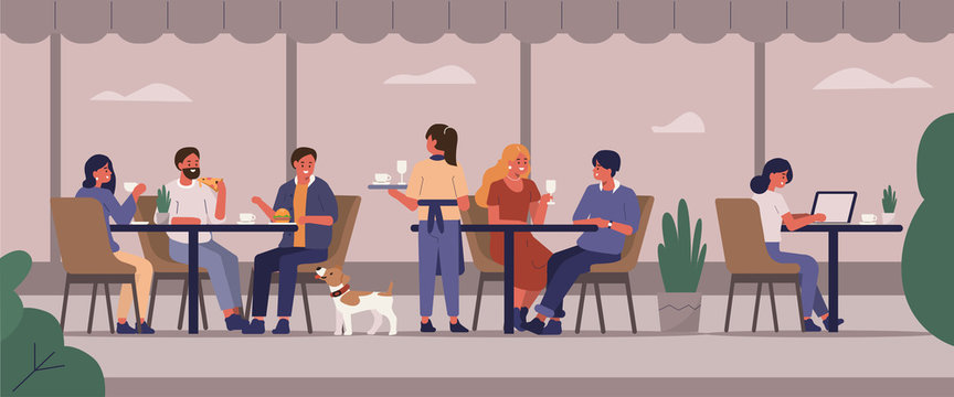 Young People Characters Dinning and Working in Street Cafe. Woman and Man Talking, Drinking Coffee and Eating. Crowded Outdoor Restaurant or Bar in City. Flat Cartoon Vector Illustration.