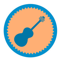 Blue silhouette of a guitar on a round yellow background. Vector icon on a musical theme.