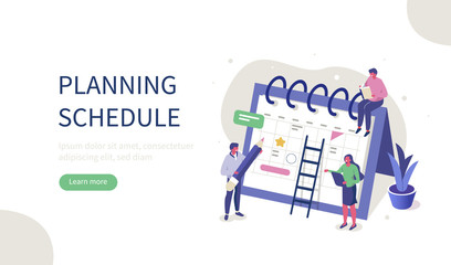 People Characters Planning Schedule with Calendar. Man and Woman Persons Manage and Organize their Work and Time. Business Plan and Time Management Concept. Flat Isometric Vector Illustration. 
