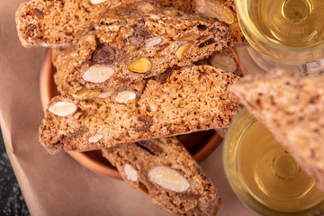 Traditional italian Christmas New Year dry cookies biscuits biscotti cantuccini. Biscotti di Prato.