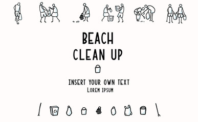 Beach Clean Up Flyer with Stick Figures Trash Collecting. Concept of Sacve the Planet. Icon Motif for Environmental Earth Day Volunteer Invitation, Eco Community Cleaning & Recycling. Vector Eps 10