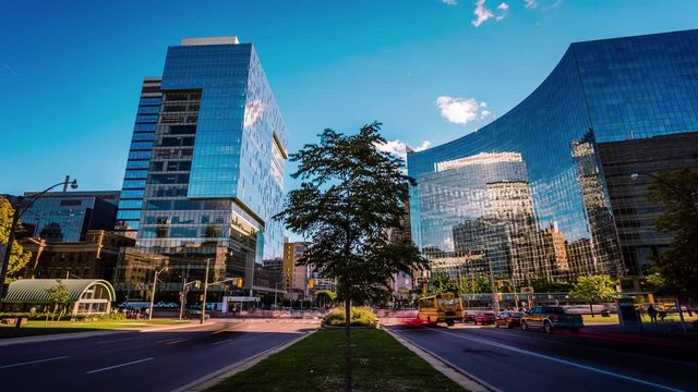 Facebook, Autodesk and Ontario Power Generation offices in hi tech offices park in Toronto time lapse
