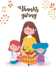 happy thanksgiving day woman and girls with basket with fruits