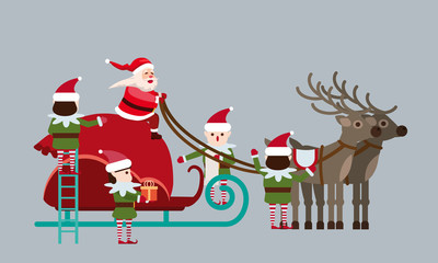 Santa Claus on a sleigh with deers and a huge bag of gifts. Elves helpers collect gifts