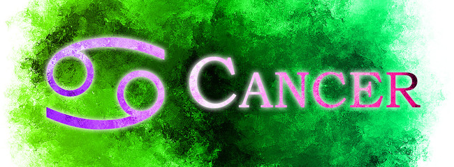 Isolated symbol of the zodiac sign Cancer and its name with a banner of paint in the background