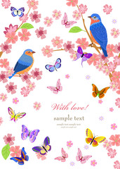 romantic greeting card with blossom cherry tree and birds for yo